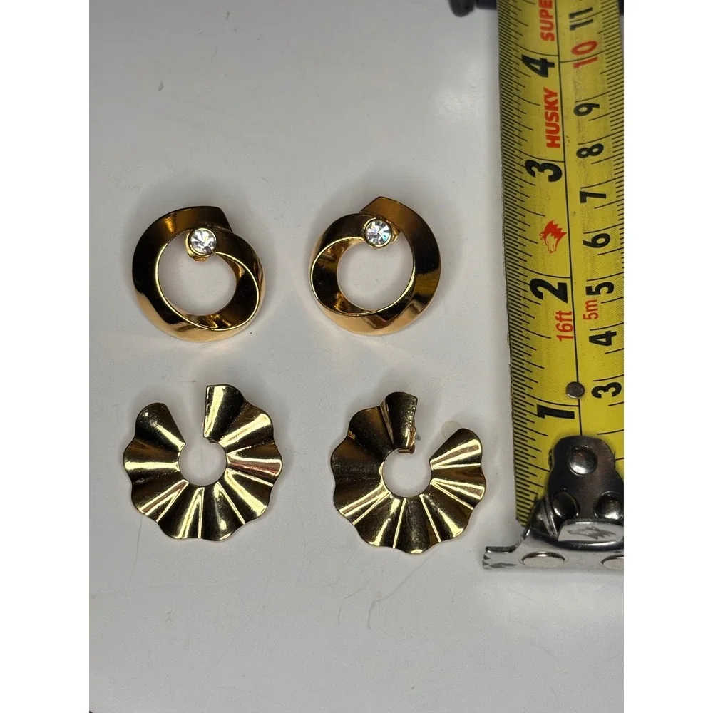 Avon Earrings Vintage Gold Tone Rhinestone Swirl and Ruffled Fan Stud Set 2 Pair